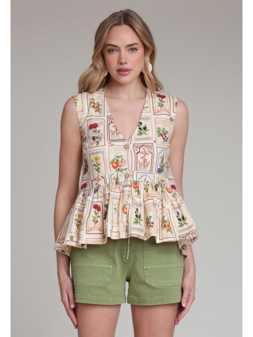 Avec Les Filles Cream Floral & Botanical Print Peplum Top